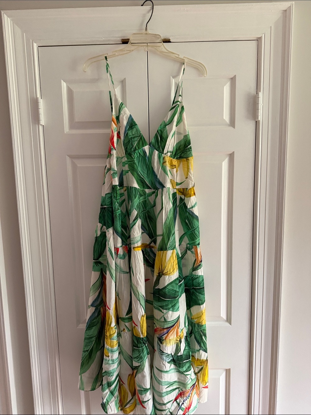 H&M White Midi Dress with Green Leaf & Yellow Floral Print